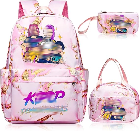 Kpop School Backpack 3-Piece Set with Waterproof Kpop School Bag Lunch Bag and Pencil Case Suitable as a Learning Camping Travel Birthday Gift and Stationery Set for Girls 8