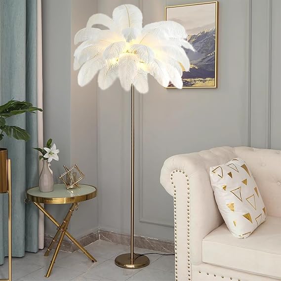 Modern Tall Lamp Standing Light for Bedroom Living Room Fluffy Ostrich Feathers Lamp Feather Floor Lamp, 3 Color Temperatures, Golden Lamp Body,White,L