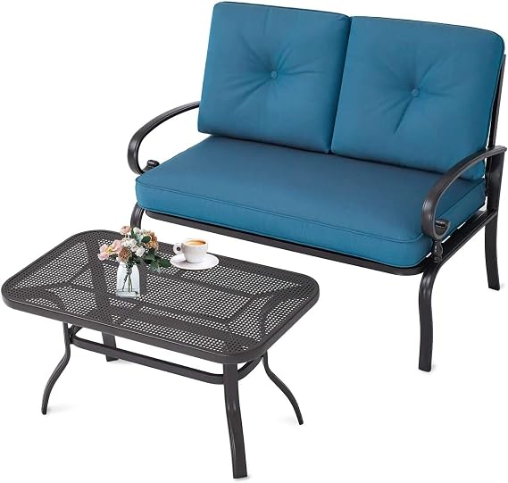 SOLAURA Outdoor Loveseat Set Patio Outdoor Furniture 2 Piece Wrought Iron Frame Peacock Blue Cushions Bench with Coffee Table