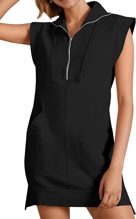 Fisoew Women Summer Zip Up Sweatshirt Dress Collared Sleeveless Mini Dress