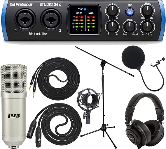 PreSonus Studio 24c 2x2 USB Type-C Audio/MIDI Interface and LyxPro Recording Bundle