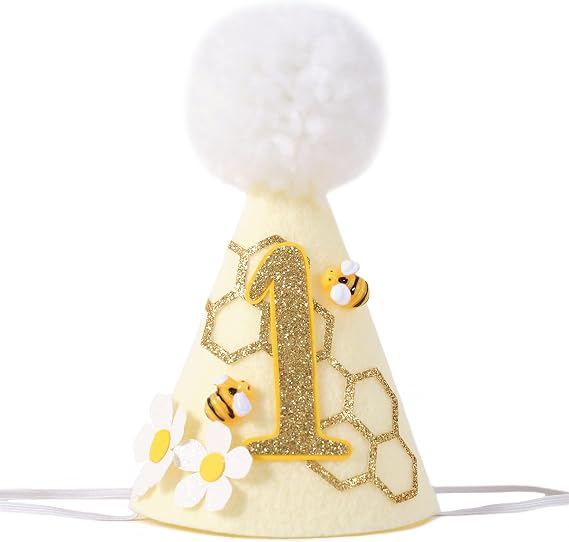 Bee 1st Birthday Cone Hat - Party Hat with Photo Props for Baby's First Birthday Party