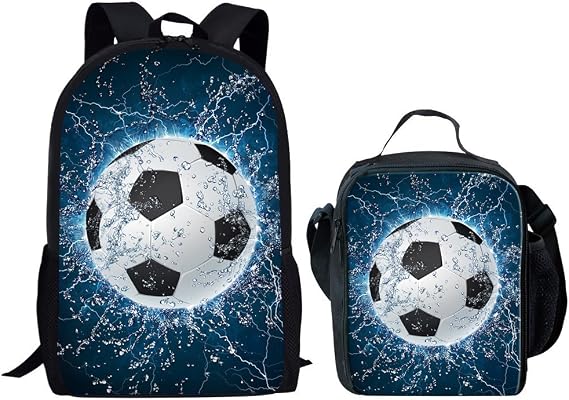 HUGS IDEA Boys School Backpack Set Football Pattern Bookbag with Lunch Bag