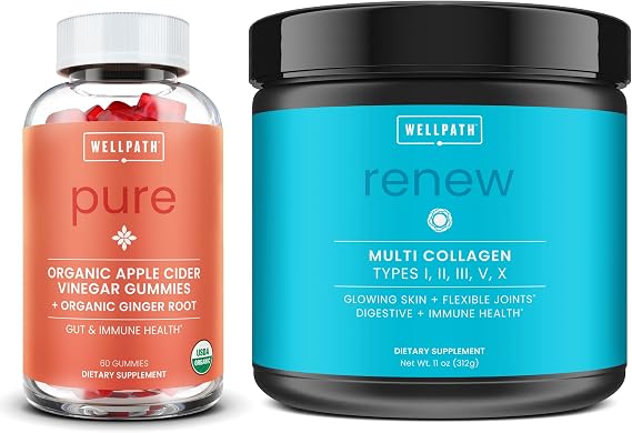 Apple Cider Vinegar Gummies & Multi Collagen Powder Organic ACV with Ginger + Hydrolyzed Collagen Peptides for Wellness Unflavored, 11 oz & 60 Ct