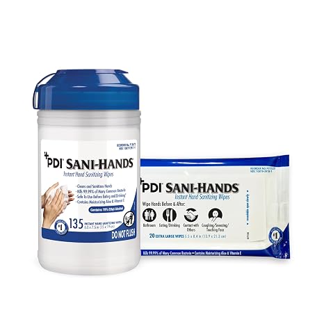 Sani-Hands Hand Sanitizing Wipes Bundle 1 Canister (135 Wipes) + 3 Travel Packs (20 Wipes Each) 70% Ethyl Alcohol Formula with Aloe & Vitamin E FDA Food Code Compliant Kills 99.99% of Bacteria