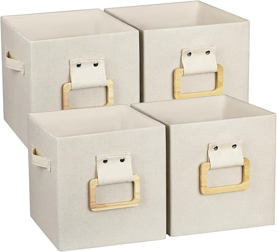 4 Pack 10.5 x 10.5 x 11 Inch Fabric Storage Cubes with Wood Handle