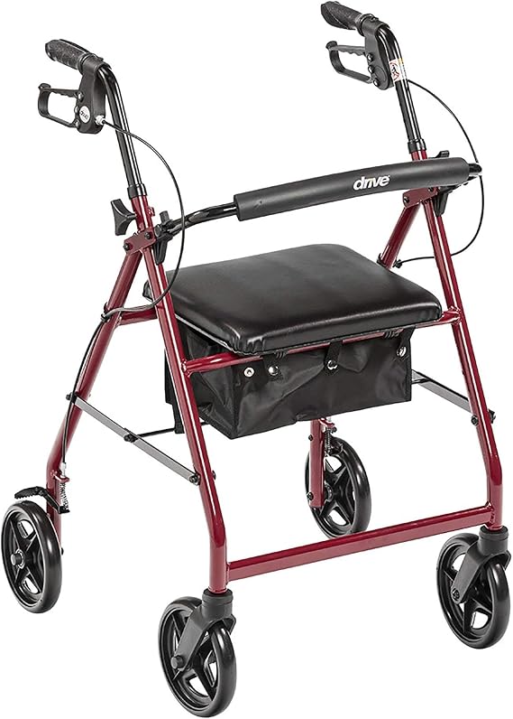 Drive Medical Aluminum Rollator Fold Up and Removable Back Support, Padded Seat with 7.5-Inch Casters, Red