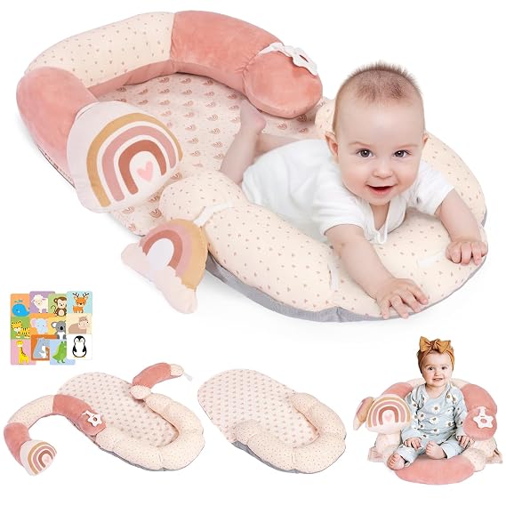 4 in 1 Tummy Time Mat with Educational Cards, Play Mat & Sitting Support for Newborn 0-12 Months, Infant Baby Sit Me Up Floor Seat, Sensory Skills Gifts, Rainbow