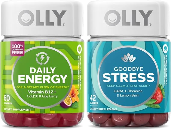 OLLY Daily Energy and Goodbye Stress Starter Pack Bundle, for A Steady Flow of Energy, Keep Calm & Stay Alert, 60 and 42 Count