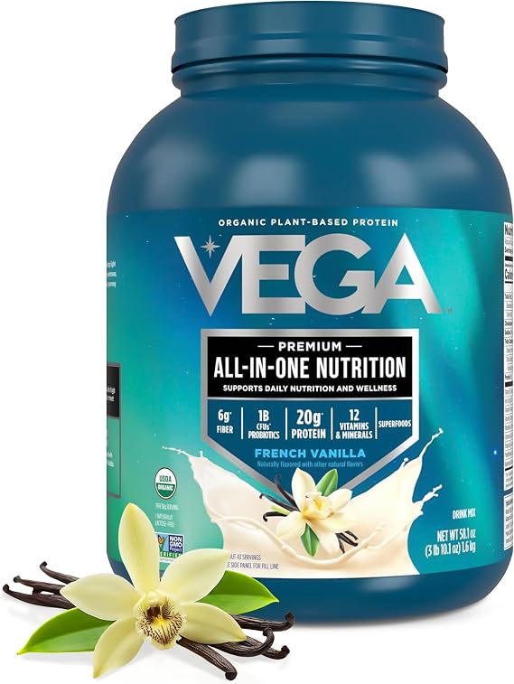 Vega All-in-One Nutrition Organic Vegan Protein Powder French Vanilla, 20g Protein Meal Replacement Shake 3.63 lbs (43 Servings)
