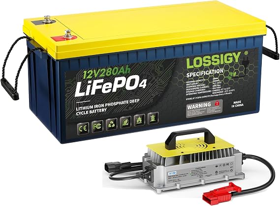 LOSSIGY 12V 280AH Lithium Battery with 20A Lithium Charger,Upgraded 200A BMS to protect batteries,2560Wh 5000+ Deep Cycles,10 Yrs Lifespan,More compressive shell