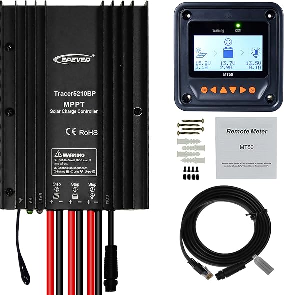 EPEVER IP68 Waterproof 20A MPPT Solar Charge Controller 12V 24V Auto, Solar Panel Battery Intelligent Regulator , Used in RVs, Trailers, Boats, Yachts(Tracer5210BP + MT50 + RS485 Cable)