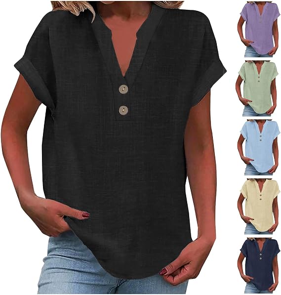 SMIDOW Women's Short Sleeve V Neck Button Tunic Blouse