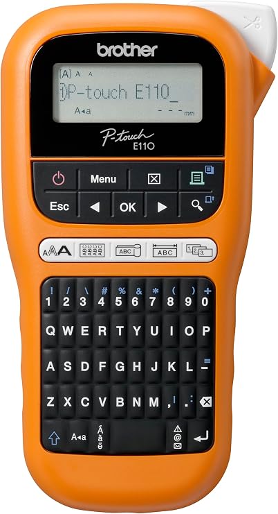 Brother PT-E110 Label Maker, P-Touch Electrician Label Printer, Handheld, QWERTY Keyboard, Up to 12mm Labels, Includes 12mm Black on White Tape Cassette