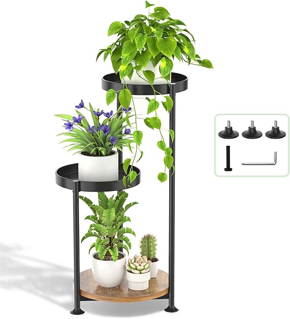 LyTaispuly 3 Tier Plant Stand Indoor Outdoor, Tiered Metal Plant Stands Tall Plant Holders, Corner Rack Flower Stand Shelf for Garden Balcony Patio Living Room (Black)