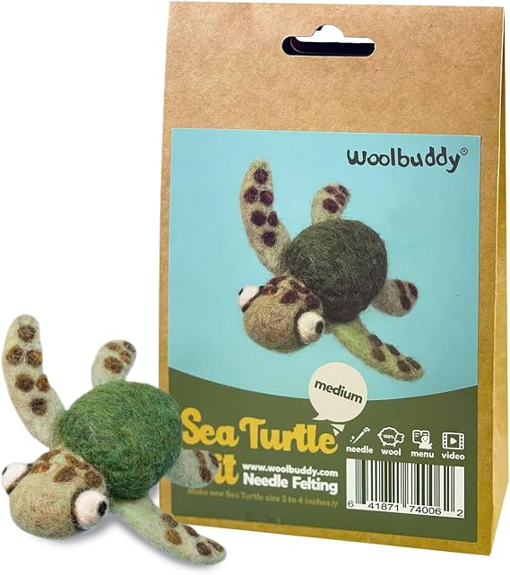 Woolbuddy Needle Felting Starter Kit (Sea Turtle) for Adults with DIY Tool | Needle Felting Kit (Whale, Octopus, Narwhal, Turtle, Angler Fish), Incl. Handmade Wool Roving, Felting Needles & Instruction