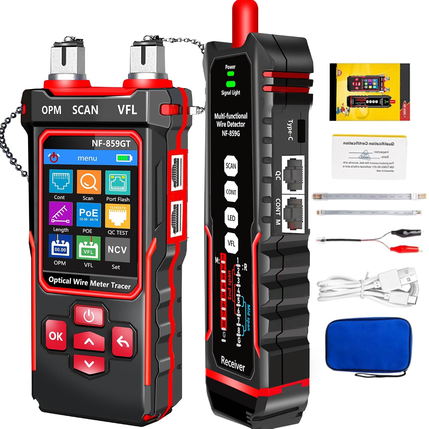 NF-859GT Network Cable Tester with Optical Power Meter Supports RJ45/RJ11 interfaces, CAT3/CAT5/CAT6 cables, telephone lines, and Ethernet Features NCV/audio probe/POE cable tracing Fiber LAN Test Kit