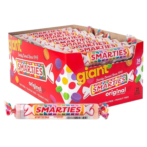 Smarties Candy Giant Rolls - Gluten & Vegan Free - Classic Sweetness From Family Owned Company Since 1949, Peanut & Dairy Free - Individually Wrapped Bulk Halloween Candy - 36 oz (Pack of 1)