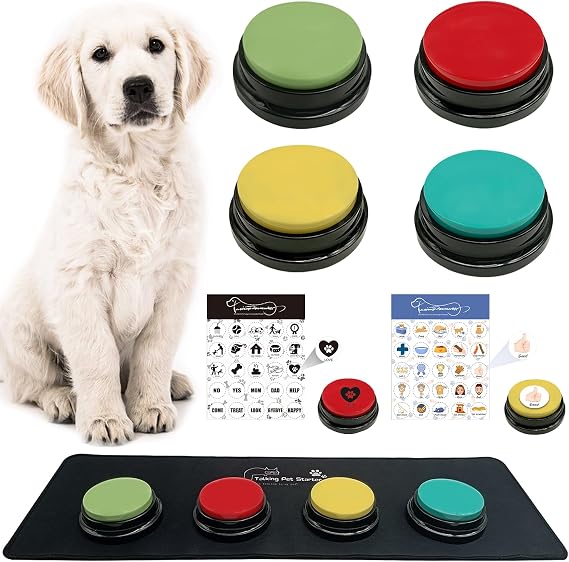 4-Piece Dog Talking Button Set, Dog Button for Communication, 30-Second Recordable Voice Pet Buzzer Training Button, Dog Button with Waterproof Non-Slip Pad and 50 Dog Training Stickers