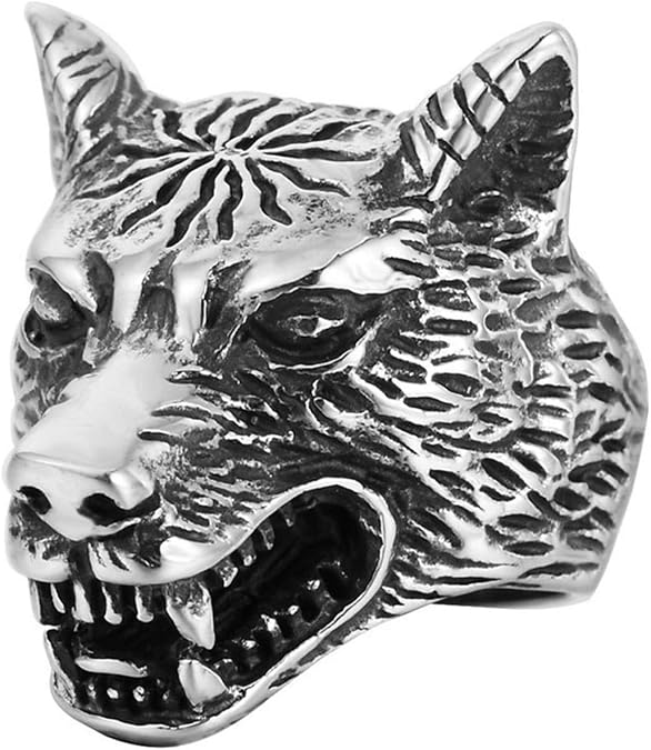 Men's Stainless Steel Domineering Hellbeast Wolfdog Head Ring Retro Gothic Punk Rock Band