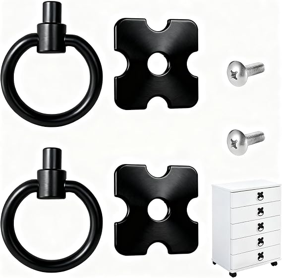 Vintage Drawer Knobs Pulls Handles, 2pcs Metal Drawer Handles and Ring Pull, Ring Pull with Screws, Black Drawer Handles for Cabinets Wardrobes Cupboards Dresser 