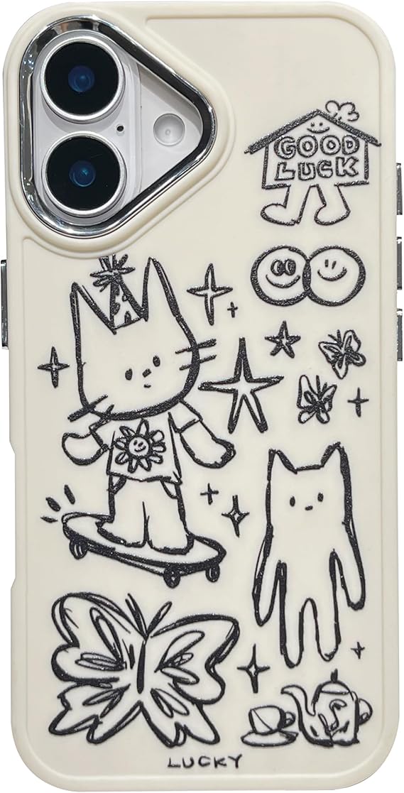 Designed for iPhone Case, Cute Cat Butterfly Star Lucky Line Drawing Soft Phone Case(White,for iPhone 17)