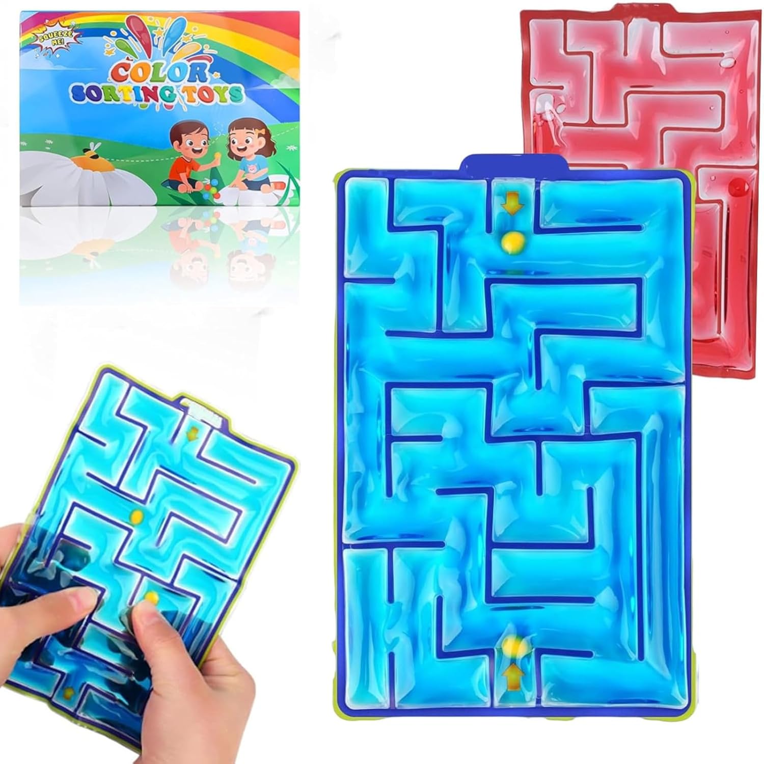 2 Pack Maze Sensory Squishy Fidget Toys for Kids, Adults with Autism, ADHD - Gel Filled Relief Special Needs Developmental Toys (Blue & Red)