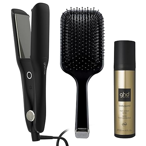 ghd Max Styler Essentials Trio Max 2" Wide Plates Flat Iron Hair Straightener (Black), Bodyguard Heat Protect Spray (4 fl. oz.), and Paddle Detangling Hair Brush for Thick Hair (Black)