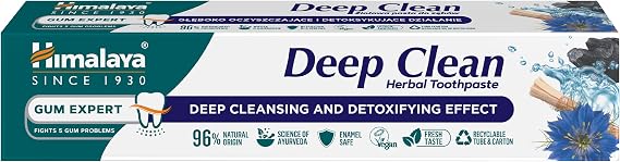 Himalaya Deep Clean Herbal Toothpaste 75ml | Fluoride-Free, Activated Coconut Charcoal, Miswak for Healthy Gums, Papaya & Pineapple Enzymes for Whitening | Enamel Safe, Eco-Friendly Packaging