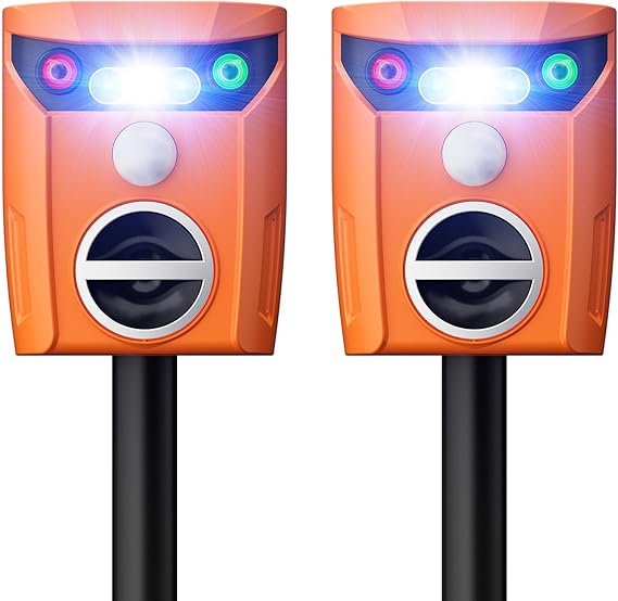 Ultrasonic Animal Repeller Solar Powered Outdoor 2 Packs, Ultrasonic Deer Repellent Devices with LED Flashing Light, Waterproof Cat Repeller for Repelling Sankes, Raccoons, Cats, Dogs, Rabbits