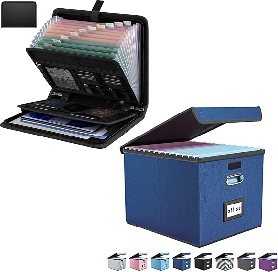 Decorative File Organizer Box Office Document Storage with Lid,Black Document Organizer with 13 Pockets, File Organizer for Important Document/Paper Storage