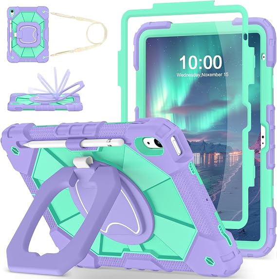 WESOROL Case for iPad (A16) 11th/10th Generation 2025/2022 with Screen Protector Rotating Stand Pencil Holder Shoulder Strap Heavy Duty Shockproof Cover for iPad 10th Gen Case,Purple Green