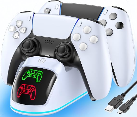 Rysker RGB PS5 Charging Station 2 Pieces Fast PS5 Charger for PS5 Original & Edge Controller with LED Indicators & 9 RGB Lighting PS5 Controller Charging Station for PlayStation 5 Accessories White