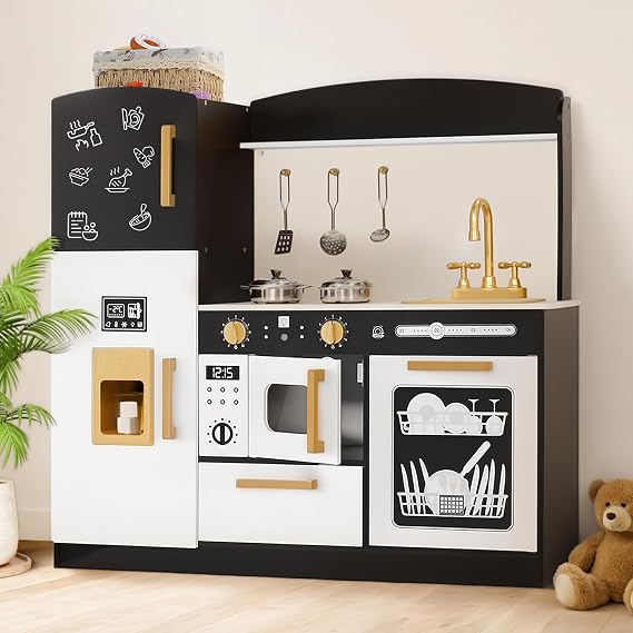 Kinder King Wooden Kids Play Kitchen, Transparent Coloring Board, Black | Cookware Accessories, Chalkboard, Toy Kitchen Playset w/Pretend Dishwasher, Storage, Realistic Kitchen Sets Gift for Ages 3+