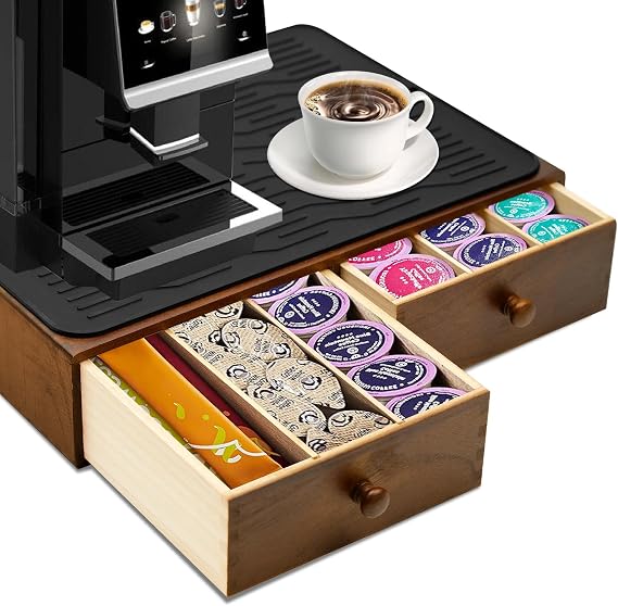Wooden Coffee Pod Drawer,Holders for Counter with 2 Drawers and Silicone Non-Slip Pad, Drawer Organizer (30 Pod Capacity)