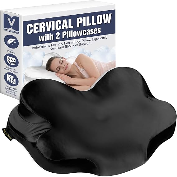 Cervical Neck Pillow for Side & Back Sleepers Premium Ergonomic Memory Foam Sleep Pillow with Dual Pillowcases, Pressure-Reducing Design (Black)