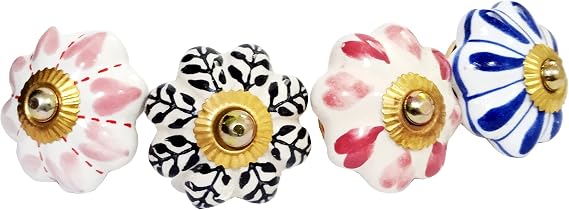 Purpledip Ceramic Knobs Set of 4: Door Drawer Cupboard Pull Handles, Multicolor (12403)