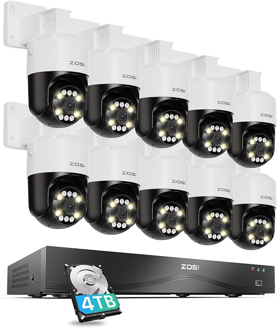 ZOSI 4K 8MP 16CH Security Camera System with AI Face Person Vehicle Detection, 10 x 4K Outdoor Auto Tracking PT PoE Camera with Floodlights, 2-Way Audio, 16 Port 32CH 8MP NVR with 4TB HDD