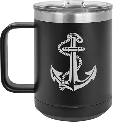 15 oz Tumbler Coffee Mug Travel Cup With Handle & Lid Vacuum Insulated Stainless Steel Anchor With Rope Black