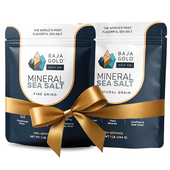 Baja Gold Mineral Sea Salt Bundle 1 lb Fine Grind + 1 lb Natural Grind | Authentic Unrefined Sea Salt with Trace Minerals | Versatile for Cooking, Baking, Seasoning & Finishing | 600+ Servings