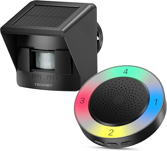 TECKNET Non-APP Solar RGB Wireless Driveway Alarm 1 Receiver 1 Sensor | 2600FT Range,36 Melodies, 5 Adjustable Volumes Motion Sensor for Driveways, Homes, Large Properties, Outdoor Security System
