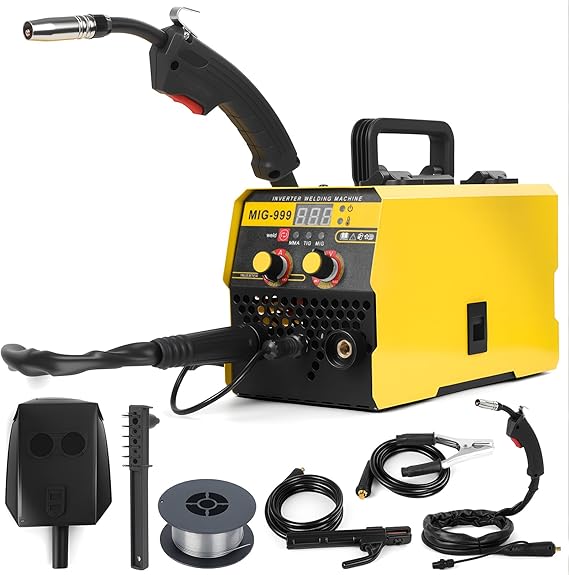 140A 3-in-1 MIG Welder Machine Gasless Flux Core Lift TIG Stick Welder, 110V/220V Dual Voltage Portable Welding Kit With LED Display Face Mask Tools, Masque Brush Cables Accessories Yellow