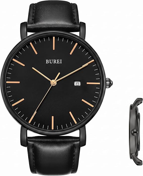 BUREI Stylish Men's Watches Minimalist Ultra Slim Date Large Face Watch with Teacher Strap