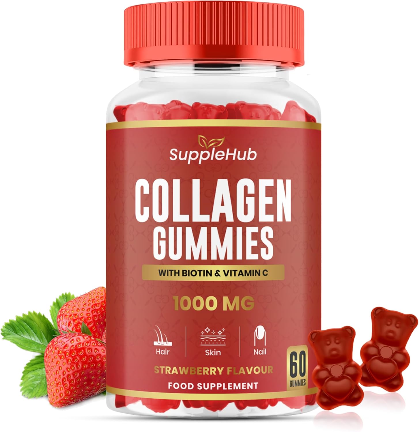 Marine Collagen Gummies 1000mg - Hydrolysed Collagen Peptides with Biotin &amp; Vitamin C - Collagen Supplements for Women &amp; Men - Skin, Hair, Nails &amp; Joint - Strawberry Flavour - 60 Gummies/Bottle