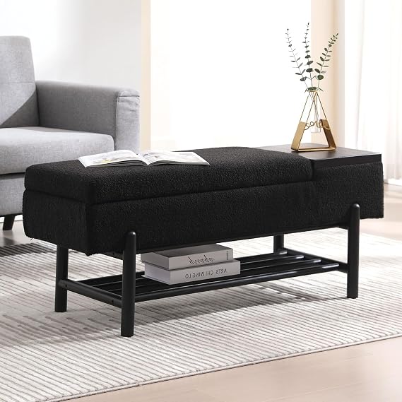 Black Bedroom Storage Bench, Upholstered Entryway Bench with Wood Shelf
