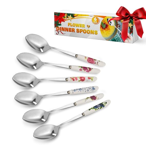 Tablespoons Set of 6, Ceramic Handle, Stainless Steel, Floral Design