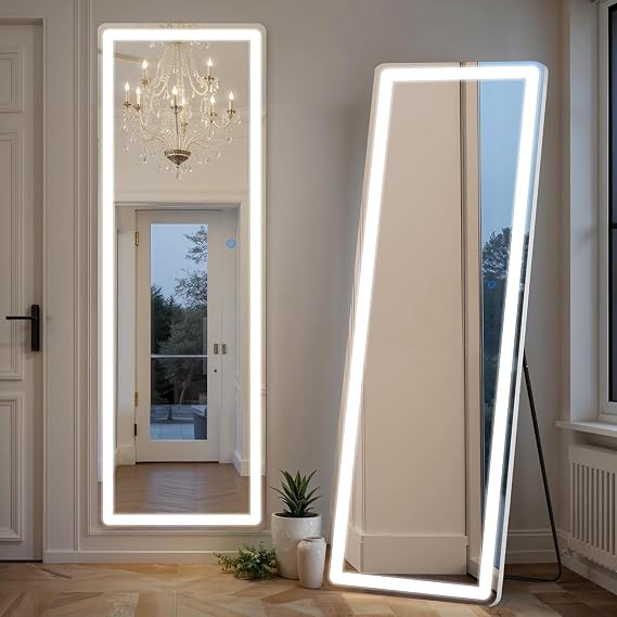 Mirror Full Length with LED Lights, 16"x60" Full Body Wall Mirror, Lighted Floor Standing Mirror, Hanging or Leaning w/Dimming 3 Color Lighting, Tall Mirror for Modern Home Decor