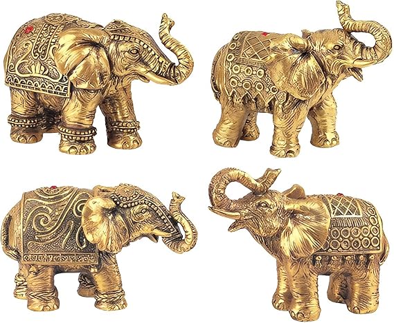 ICE ARMOR 4-Piece Gold Miniature Thai Elephant in Different Poses 3" H Statue Decoration Figurine Set Office Desk/Home/Living Room/Table Decor, Perfect House Warming Gifts for New Home
