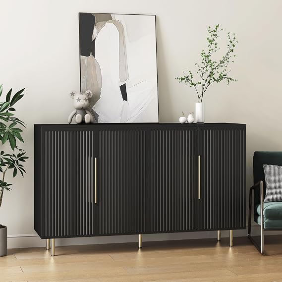 Bellemave 56.69" Modern Buffet Cabinet with Storage, Fluted Sideboard with Adjustable Shelves, Large Credenza TV Stand, Accent Console Table for Dining Room, Black