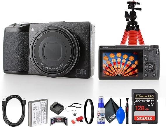 Ricoh GR IIIx HDF Digital Camera (01283) Bundle Including: 128 GB Memory Card, Rechargeable Battery, Tabletop Tripod, Cleaning Kit, Card Reader, Lens Cap Keeper, and More Accessories